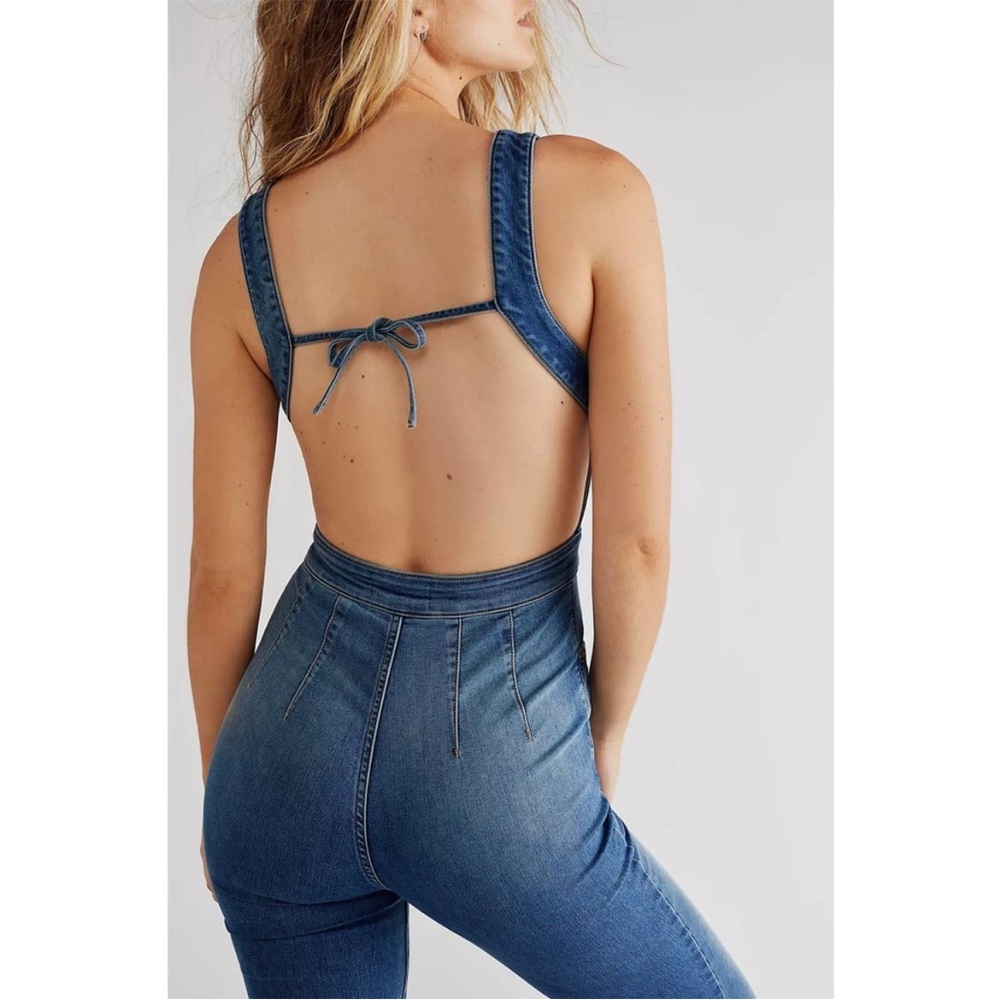 Free People Denim Zip-Front Jumpsuit in Blue - Picture 3 of 11